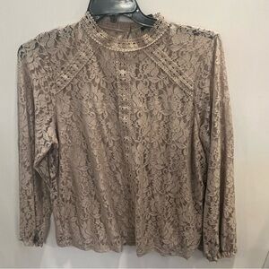 Cable & Gauge Lace Long Sleeve Blouse in Tan